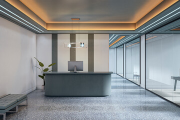 Modern reception desk in minimal office interior with warm ambient lighting and glass wall partitions. 3D Rendering. 3D Rendering