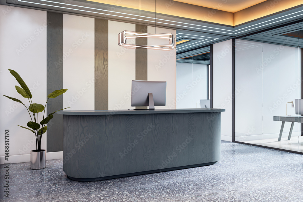 Poster modern reception desk in stylish office interior with ambient ceiling light and glass wall backgroun