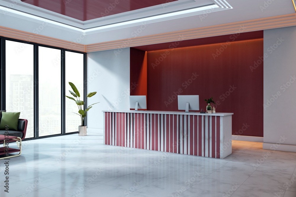 Aufkleber Modern reception desk in bright office lobby with abstract red wall and striped counter design on marble floor background. 3D Rendering