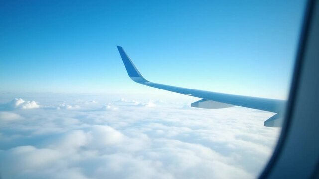 view through aircraft window with plane's wing over blue sky with white fluffy clouds from airplane flight fly over the clouds in a sunny day with cloud moving