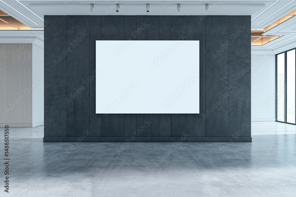 Aufkleber Blank horizontal canvas mockup on dark wall in modern interior gallery with empty floor and ceiling lights for creative display or branding concept. 3D Rendering