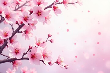 Fototapeta premium Soft pastel sakura branches, scattered blossoms, watercolor effect, painting, silk, white