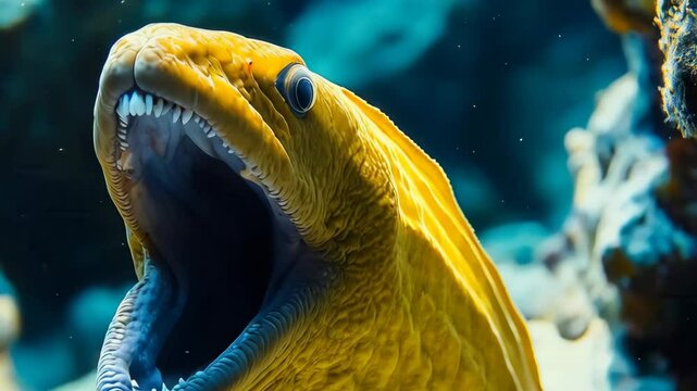 Majestic moray eel opens mouth underwater in vibrant coral reef scene