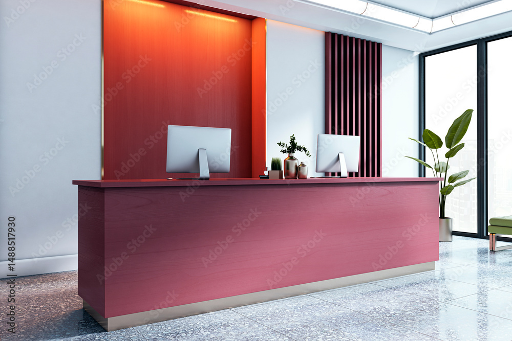 Poster Contemporary luxury office reception with red desk, dual computers and large windows overlooking city view in clean modern interior design setting. 3D Rendering
