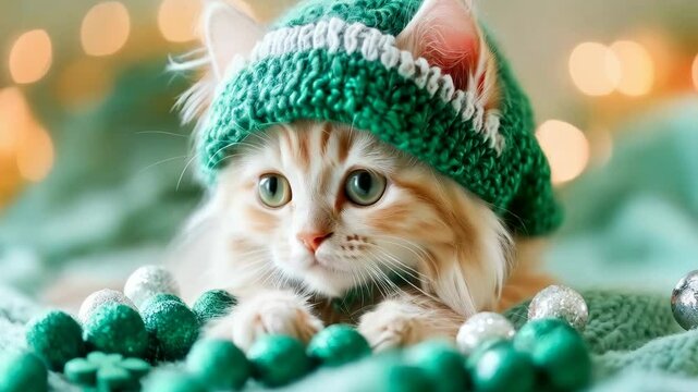 Curious kitten in cozy green hat gazes at festive bokeh lights