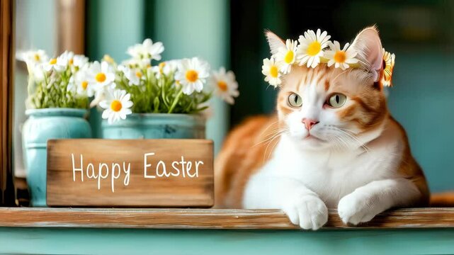 Curious cat with floral crown lying by flower pots in cozy easter decor