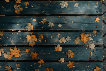 Fototapeta premium Autumn maple leaves on wooden bench top-down