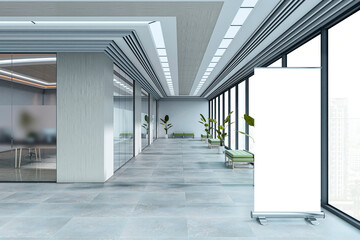 Vertical roll-up banner stand mockup in modern office hallway with glass walls, green benches, and natural light from large windows. 3D Rendering