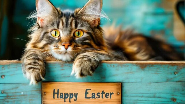 Playful cat relaxing in rustic easter setting with vibrant colors and curious expression