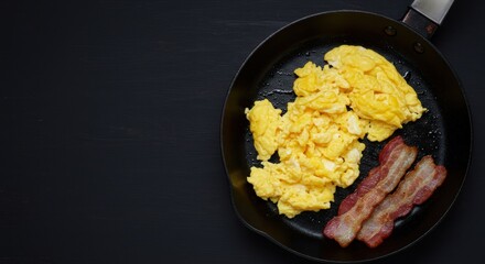 Scrambled eggs and bacon strips in a frying pan on dark background.