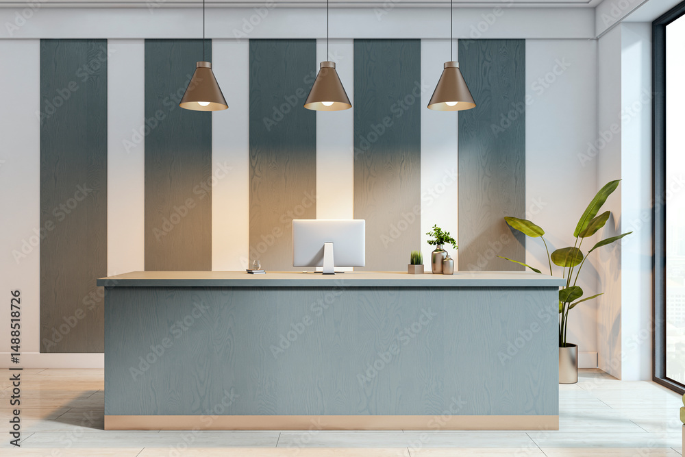 Poster modern reception desk mockup with computer and decor in stylish office interior with striped wall pa