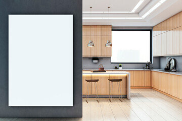 Vertical blank canvas mockup on dark wall in modern luxury kitchen interior with wood cabinetry, pendant lights and clean architectural design. 3D Rendering