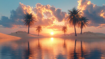 Obraz premium Serene Oasis Sunset: Palm Trees Reflecting in Calm Waters of a Desert Lake