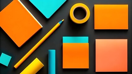 Fototapeta premium Vibrant Orange and Teal Stationery Flat Lay Creative Office Supplies