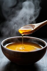 Hot broth with wooden spoon, and dark background.