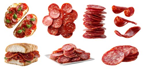 set of pepperoni spicy Salami salume cured sausage fermented dried meat, pork beef chicken, Bruschetta, toast sandwich bun, flying sliced pile stack on transparent cutout PNG. Mockup template