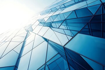 Modern Blue Glass Facade of Skyscraper Building Reflecting Clear Sky Views