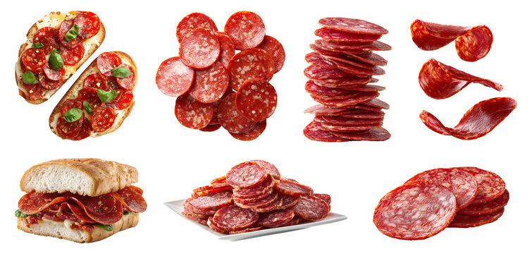 set of pepperoni spicy Salami salume cured sausage fermented dried meat, pork beef chicken, Bruschetta, toast sandwich bun, flying sliced pile stack on transparent cutout PNG. Mockup template