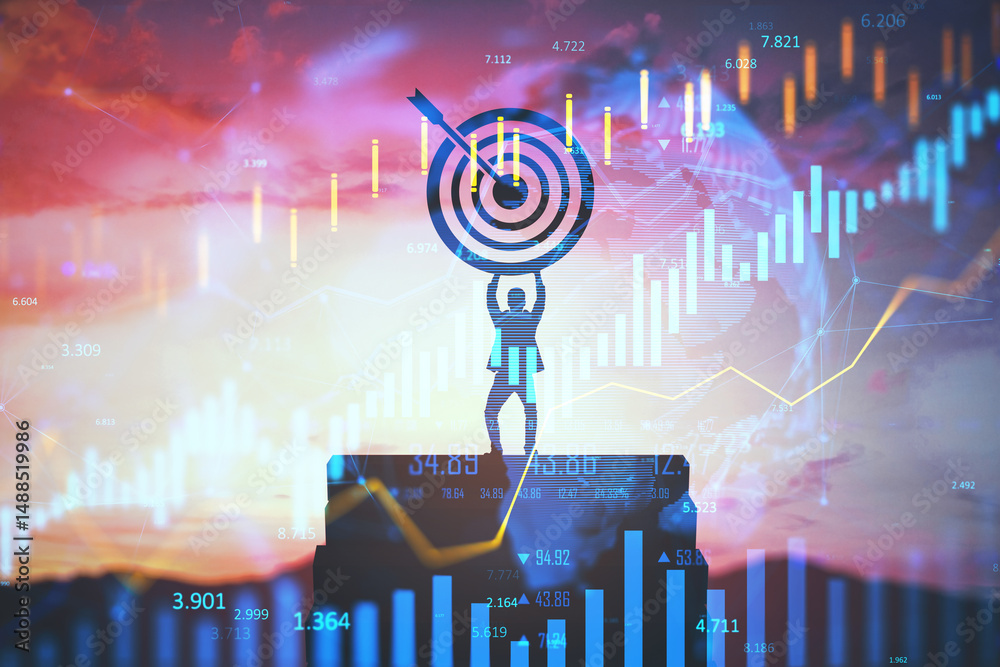 Poster business person holding target symbol with financial chart overlay and glowing data on colorful sky 