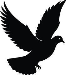 Black silhouette of a dove flying with wings spread wide against white