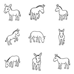 set of donkey line art vector animals, animal, vector, animals, horse, farm, goat, illustration, wild, elephant, set, cow, icon, cat, silhouettes, lion, collection, deer, nature, black, giraffe