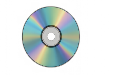 Iridescent compact disc gleaming with rainbow spectrum, highlighting digital media against transparent backdrop
