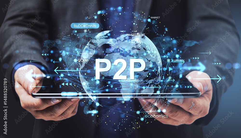 Poster businessman holding tablet with digital hologram of p2p technology and blockchain network on dark ba