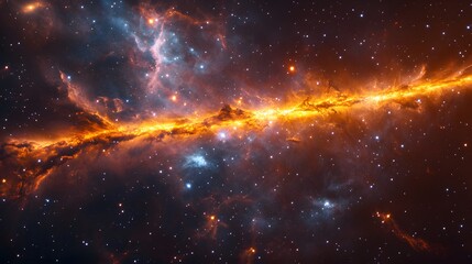 Fototapeta premium Vibrant cosmic nebula ablaze with fiery orange and yellow, set against a backdrop of stars and cosmic dust. A stunning display of the universe's beauty Astronomy and Galaxy backgrounds