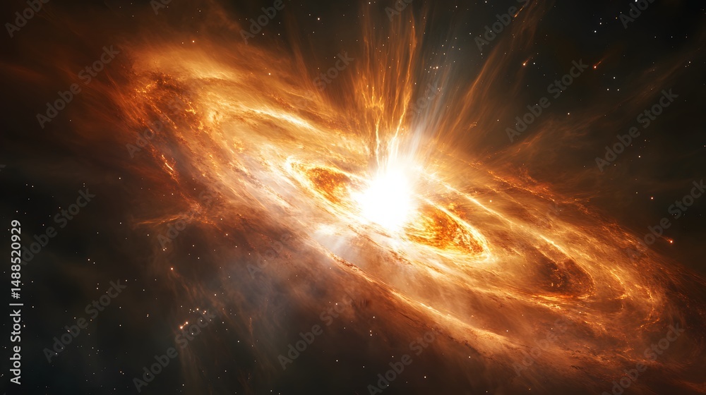 Aufkleber a vibrant galaxy swirls with intense luminosity, showcasing orange and brown gas clouds. the structu