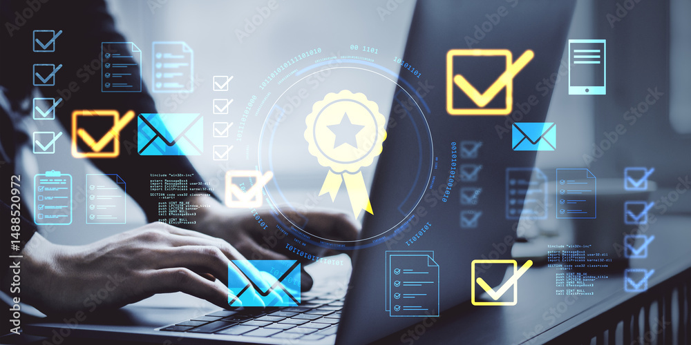 Leinwandbilder business person using laptop with digital certification and compliance icons overlay on abstract bac