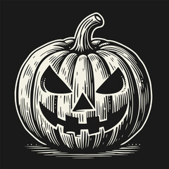 Pumpkin scary for Halloween holiday, vector illustration in black and white engraving style, isolated on dark background.