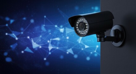 Security camera on wall with abstract digital network background surveillance concept.