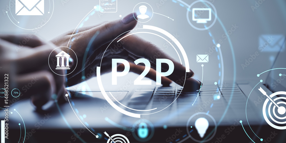 Poster Person typing on laptop keyboard with P2P digital icons overlay on abstract light background representing peer-to-peer financial technology concept.