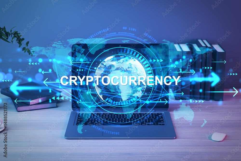 Aufkleber Cryptocurrency concept with digital globe and data elements on laptop screen in office setting on wooden desk with books and mouse in background.
