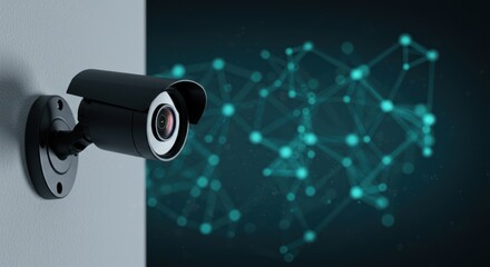 Security camera mounted on a wall with a network graphic in the background.