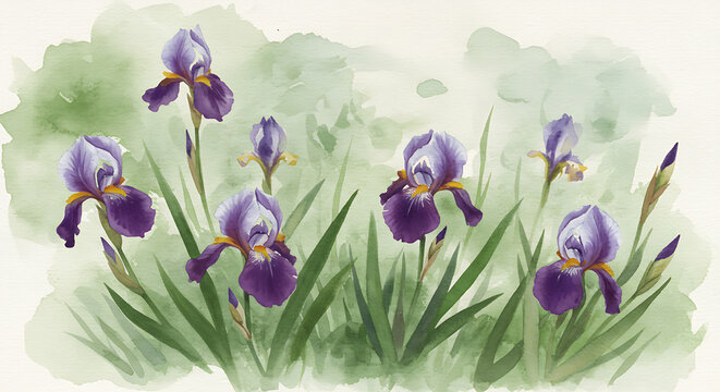 Purple Irises Watercolor Painting Elegant Floral Meadow Background Illustration - Powered by Adobe