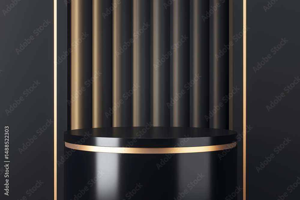 Poster luxury black and gold product podium with curved backdrop and elegant lighting for modern branding o