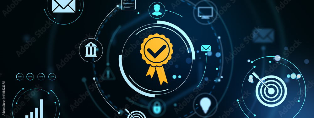 Poster Digital certification badge icon in futuristic interface with technology symbols on dark background representing security, trust, and system validation. 3D Rendering