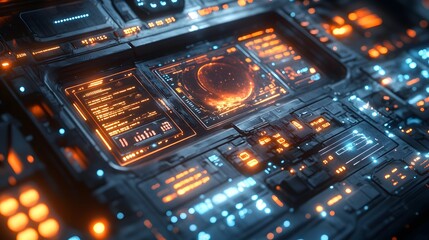 Obraz premium Futuristic control panel with glowing orange screens and blue lights evokes advanced technology. Perfect for science fiction, gaming, and technology concepts. Astronomy and Galaxy backgrounds