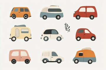 scandinavian baby vehicles with simple dots and lines, warm muted tones