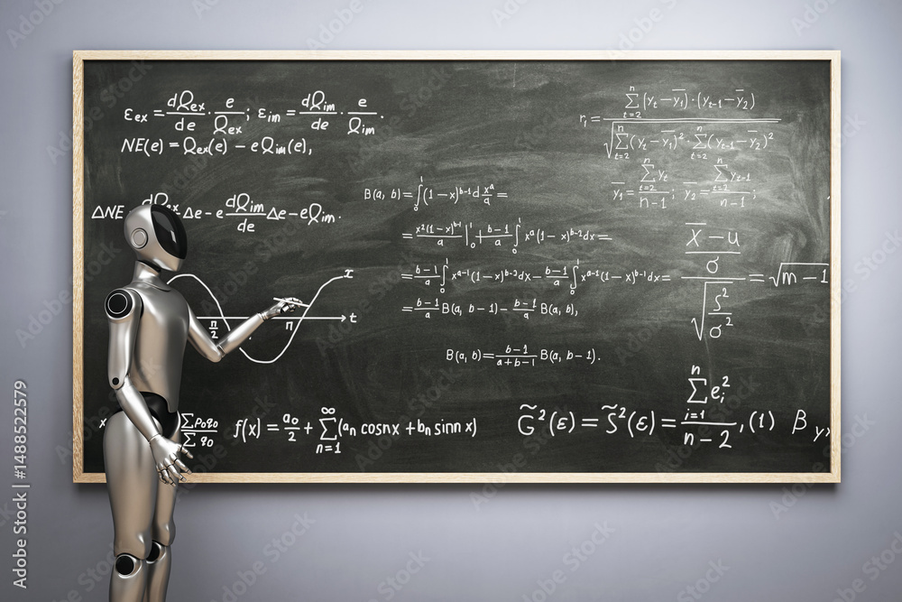 Leinwandbilder Futuristic humanoid robot solving complex mathematical equations on a chalkboard in a modern classroom setting with a gray background wall. 3D Rendering