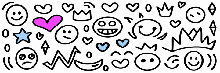 Obraz premium Hand-Drawn Doodle Emojis: Hearts, Faces, Crowns
