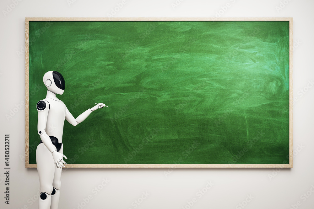 Aufkleber Futuristic humanoid robot pointing at large green chalkboard in classroom setting for technology education or presentation concept. 3D Rendering