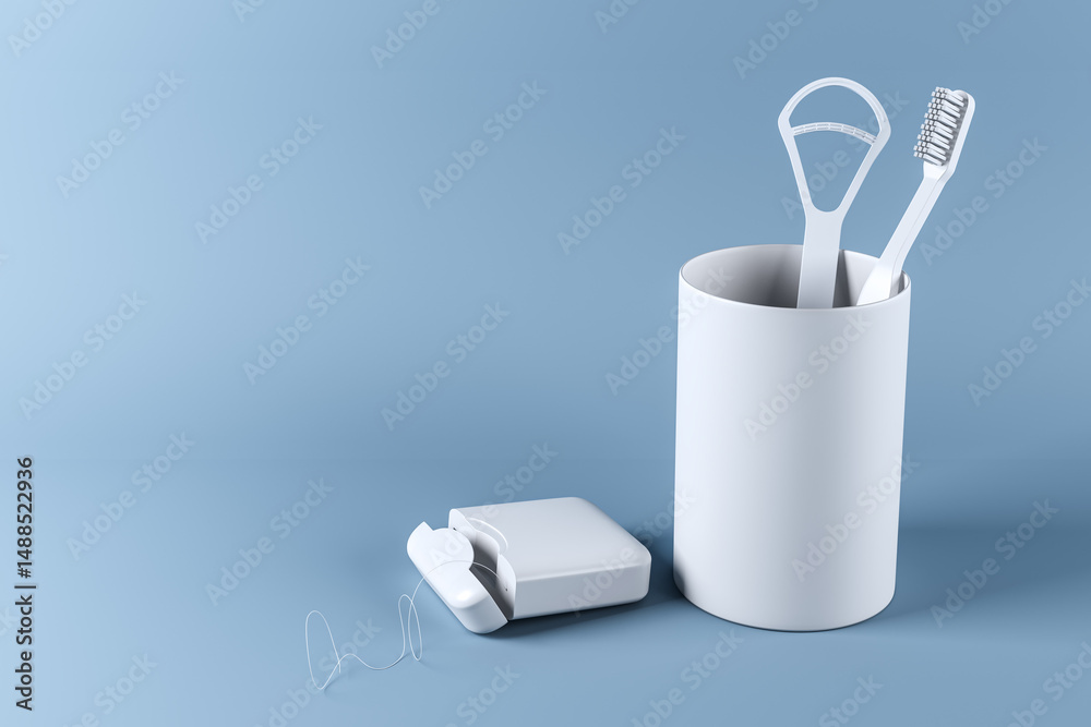 Poster minimalist dental hygiene set with toothbrush, tongue scraper, and dental floss on light blue gradie