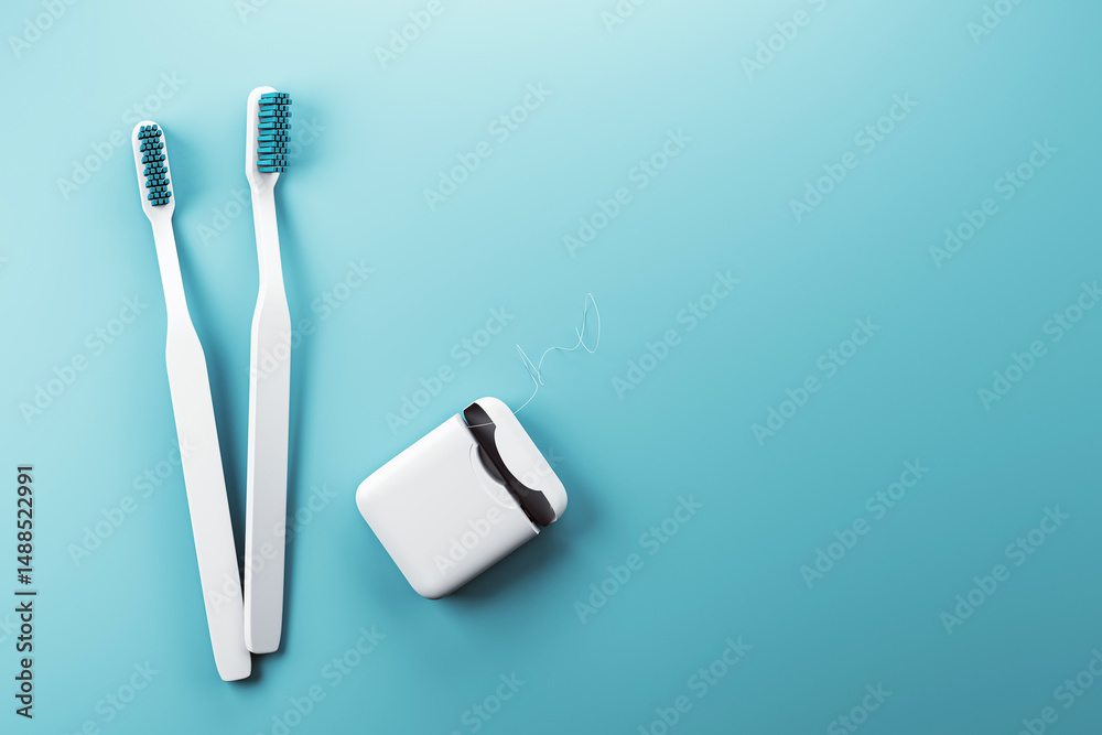 Poster two white toothbrushes and dental floss on blue gradient background with clean minimalist design con