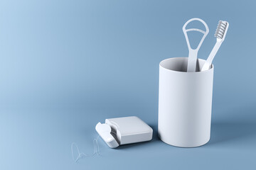 Minimalist dental hygiene set with toothbrush, tongue scraper, and dental floss on light blue gradient background in modern white container. 3D Rendering