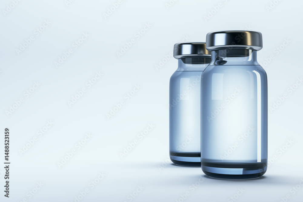 Poster Two clean transparent medical vials with metallic caps standing side by side on a light gradient background, ideal for branding or mockup template use. 3D Rendering