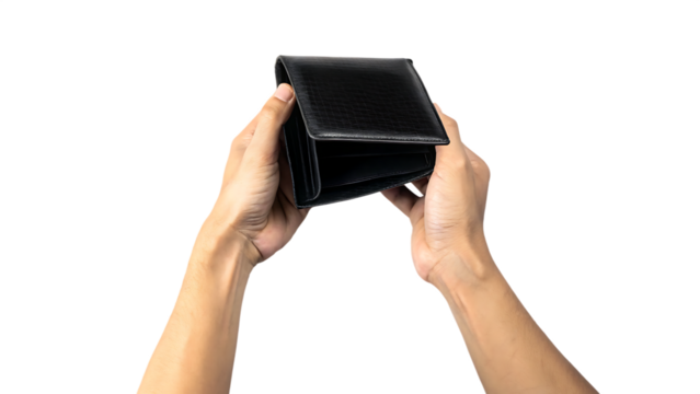 Empty black wallet in male hands isolated on transparent background.PNG