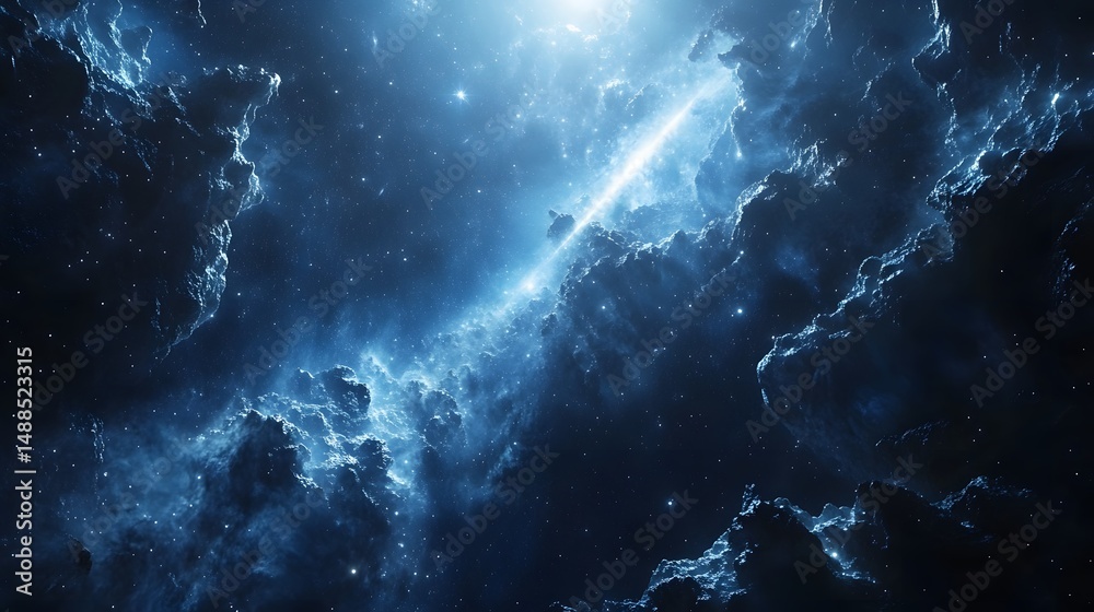 Aufkleber a mesmerizing cosmic vista of swirling blue nebulae and starlight. radiant jets pierce the celestial