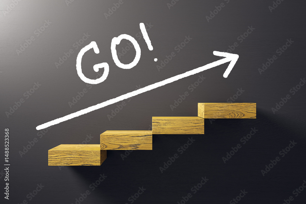 Poster wooden staircase steps rising diagonally with white arrow and word go on dark background symbolizing
